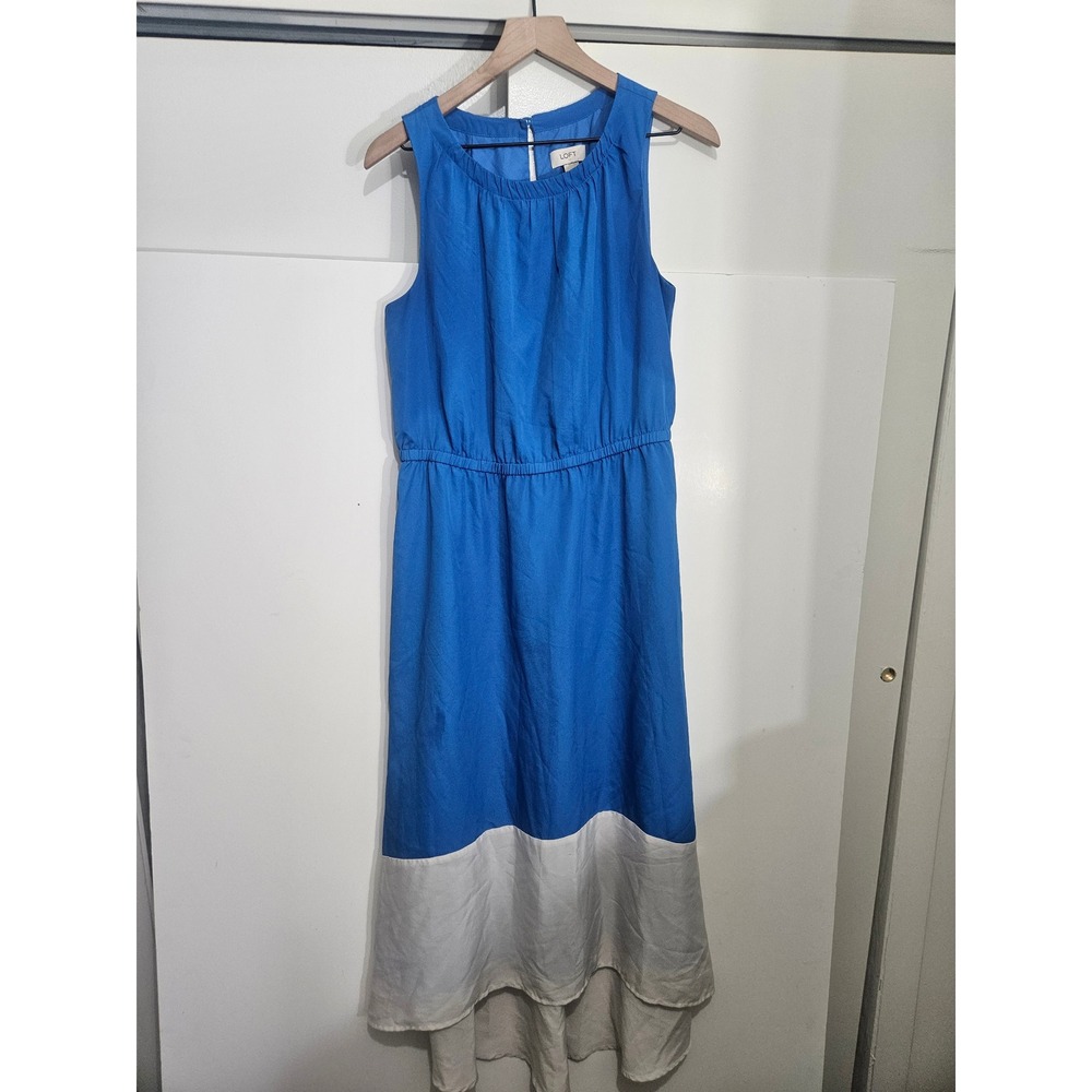 LOFT Blue White Colorblock High Low Sleeveless Midi Dress Size 10
